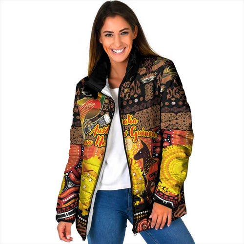 Personalized Australia and Papua New Guinea Together Padded Jacket Kangaroo Aboriginal Art and Bird-of-paradise Oro Tribal Motifs - Aussie Hoodie