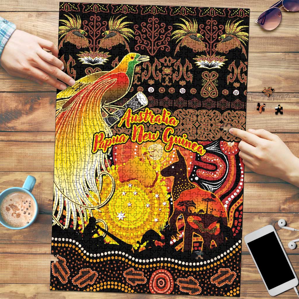 Australia and Papua New Guinea Together Puzzle Kangaroo Aboriginal Art and Bird-of-paradise Oro Tribal Motifs - Aussie Hoodie