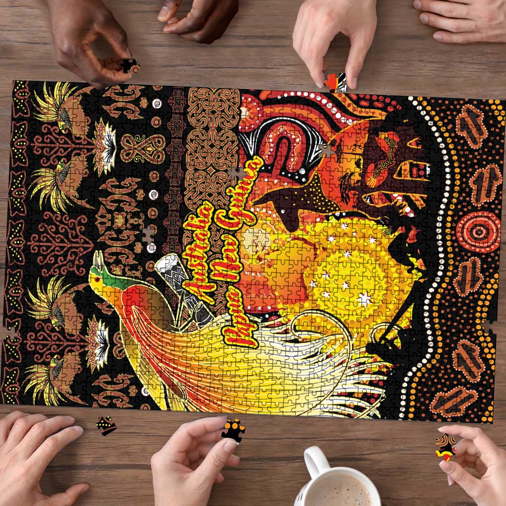Australia and Papua New Guinea Together Puzzle Kangaroo Aboriginal Art and Bird-of-paradise Oro Tribal Motifs - Aussie Hoodie