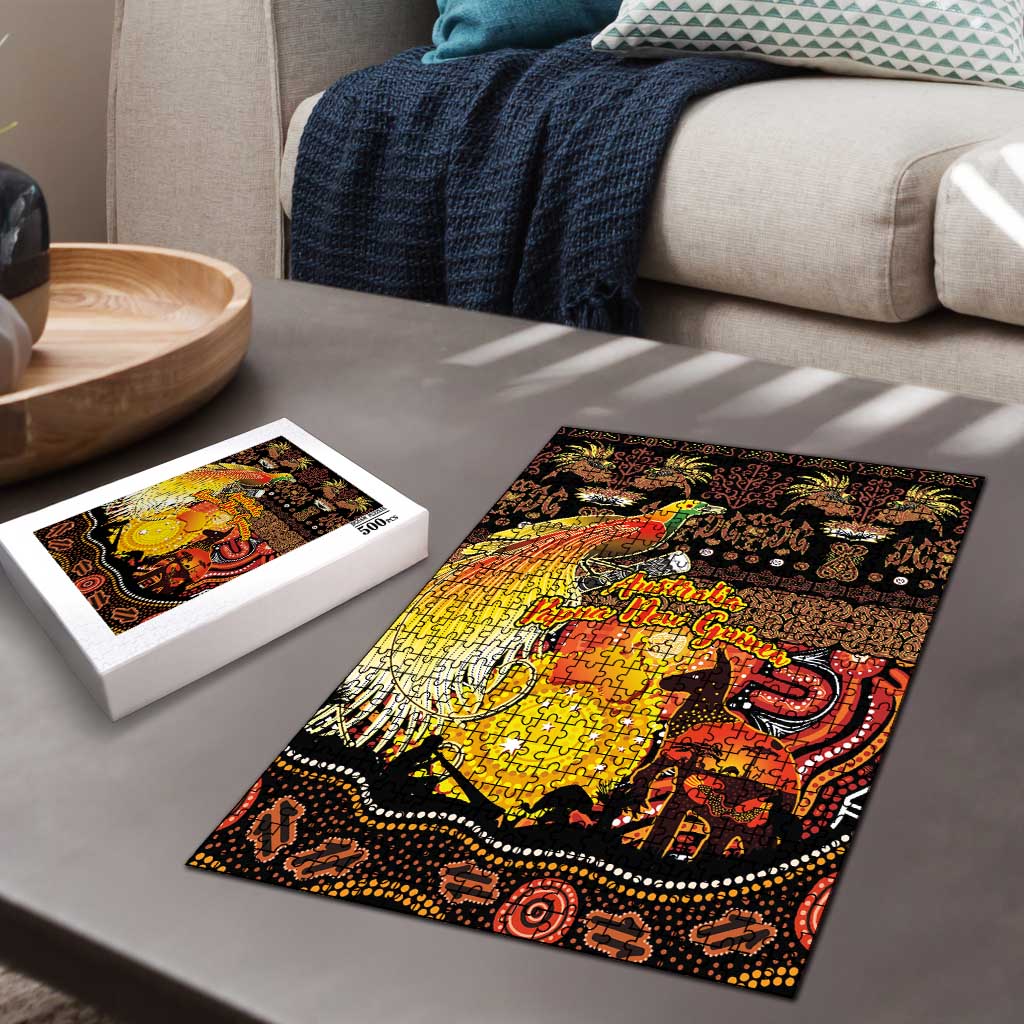 Australia and Papua New Guinea Together Puzzle Kangaroo Aboriginal Art and Bird-of-paradise Oro Tribal Motifs - Aussie Hoodie