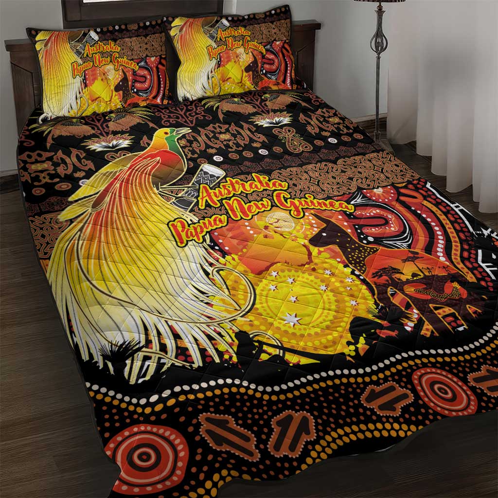 Australia and Papua New Guinea Together Quilt Bed Set Kangaroo Aboriginal Art and Bird-of-paradise Oro Tribal Motifs - Aussie Hoodie
