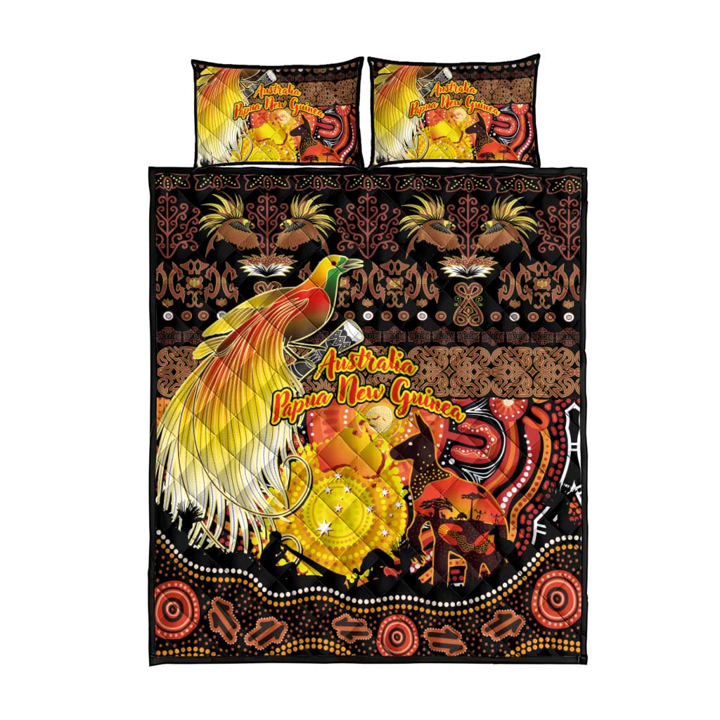 Australia and Papua New Guinea Together Quilt Bed Set Kangaroo Aboriginal Art and Bird-of-paradise Oro Tribal Motifs - Aussie Hoodie
