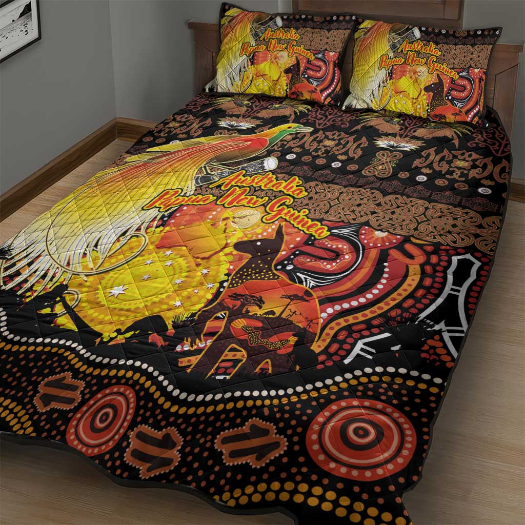 Australia and Papua New Guinea Together Quilt Bed Set Kangaroo Aboriginal Art and Bird-of-paradise Oro Tribal Motifs - Aussie Hoodie