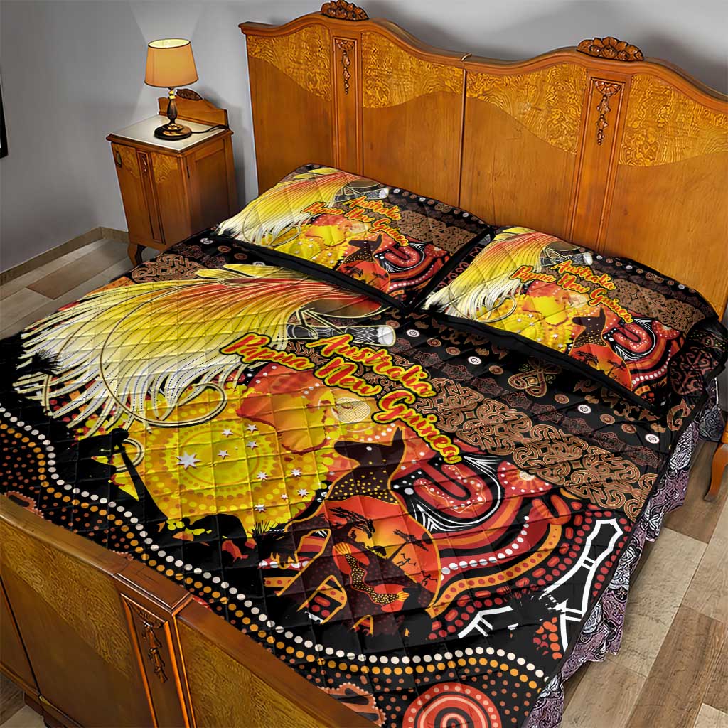 Australia and Papua New Guinea Together Quilt Bed Set Kangaroo Aboriginal Art and Bird-of-paradise Oro Tribal Motifs - Aussie Hoodie