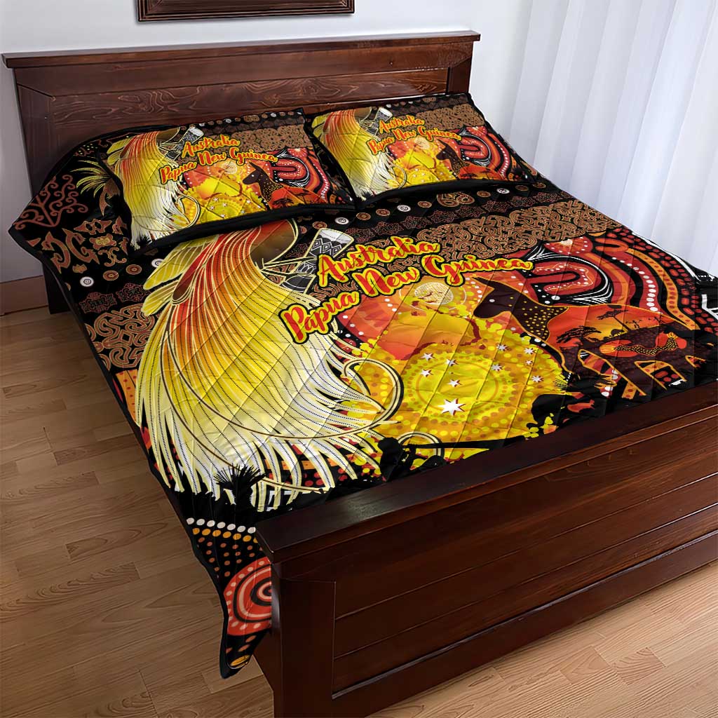 Australia and Papua New Guinea Together Quilt Bed Set Kangaroo Aboriginal Art and Bird-of-paradise Oro Tribal Motifs - Aussie Hoodie