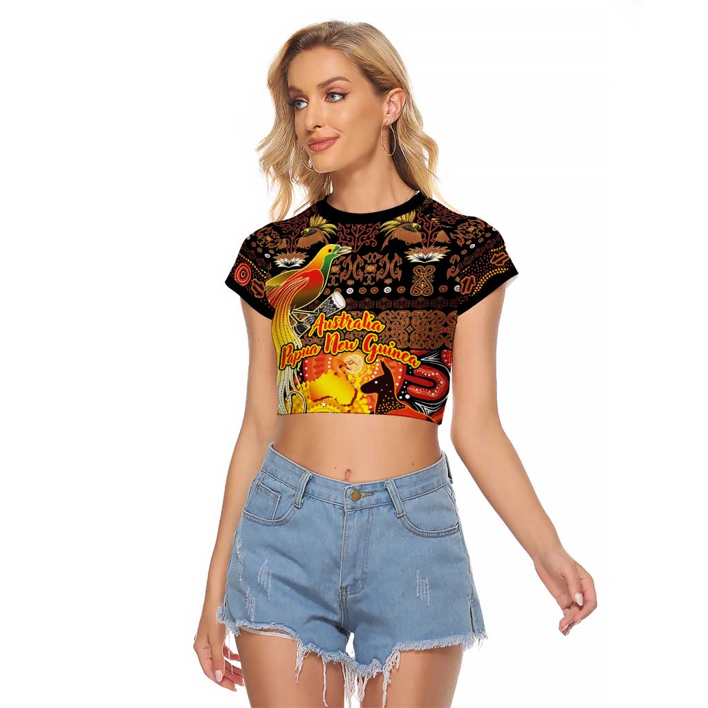 Personalized Australia and Papua New Guinea Together Raglan Cropped T Shirt Kangaroo Aboriginal Art and Bird-of-paradise Oro Tribal Motifs - Aussie Hoodie