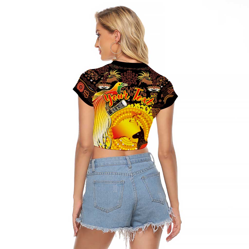 Personalized Australia and Papua New Guinea Together Raglan Cropped T Shirt Kangaroo Aboriginal Art and Bird-of-paradise Oro Tribal Motifs - Aussie Hoodie