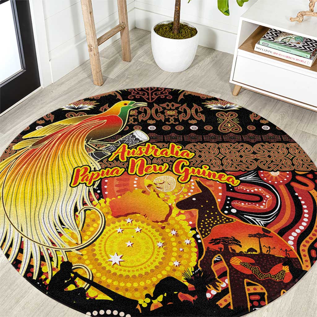 Australia and Papua New Guinea Together Round Carpet Kangaroo Aboriginal Art and Bird-of-paradise Oro Tribal Motifs - Aussie Hoodie