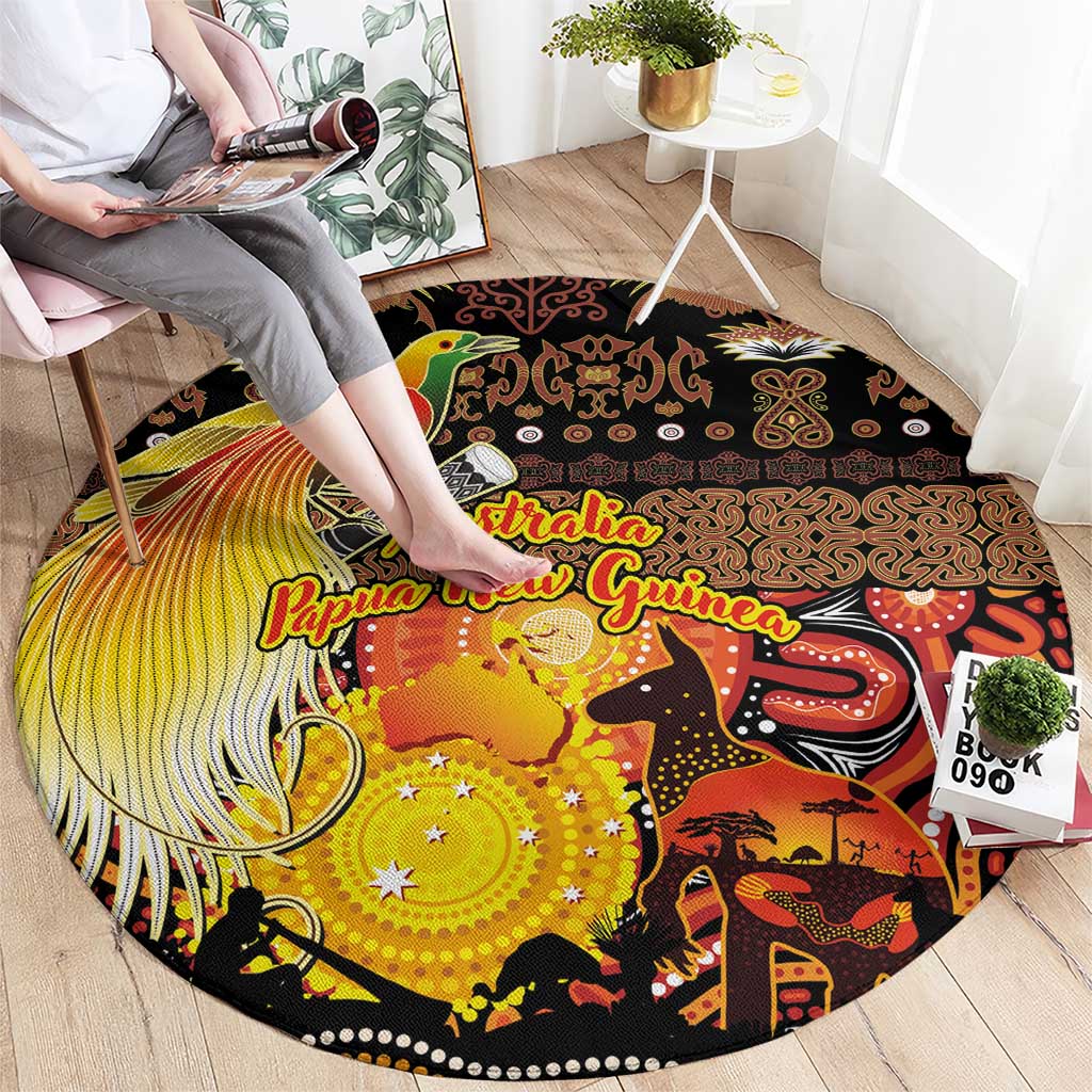 Australia and Papua New Guinea Together Round Carpet Kangaroo Aboriginal Art and Bird-of-paradise Oro Tribal Motifs - Aussie Hoodie