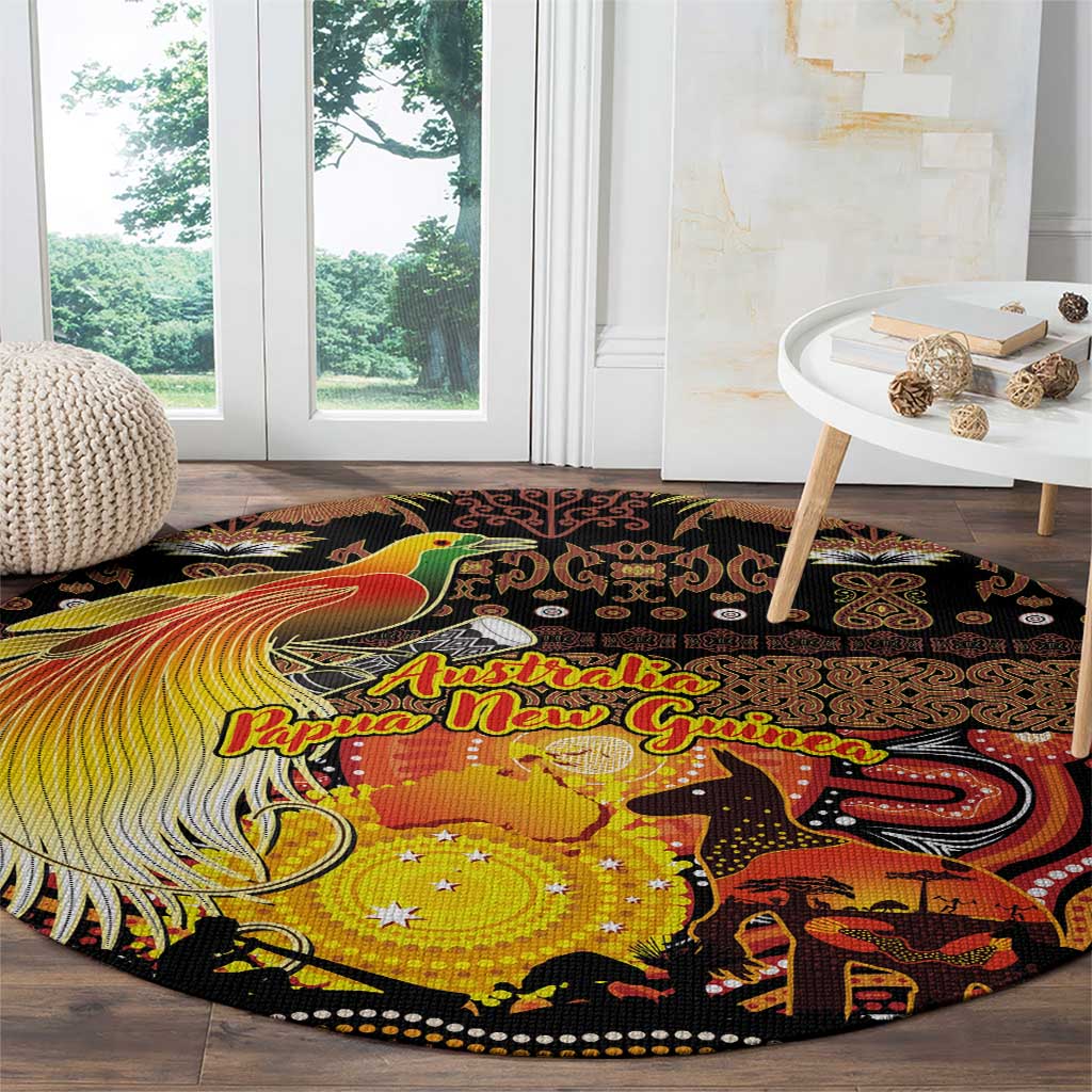Australia and Papua New Guinea Together Round Carpet Kangaroo Aboriginal Art and Bird-of-paradise Oro Tribal Motifs - Aussie Hoodie