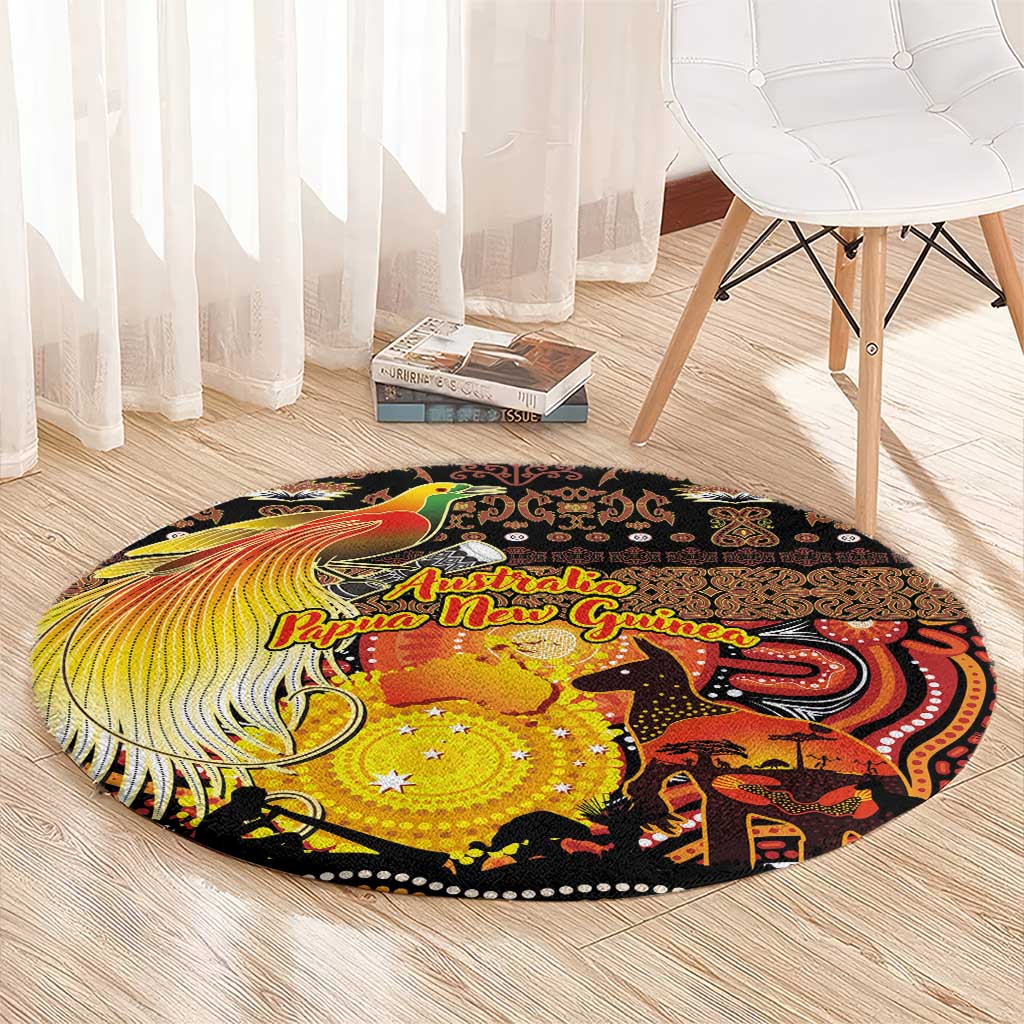 Australia and Papua New Guinea Together Round Carpet Kangaroo Aboriginal Art and Bird-of-paradise Oro Tribal Motifs - Aussie Hoodie