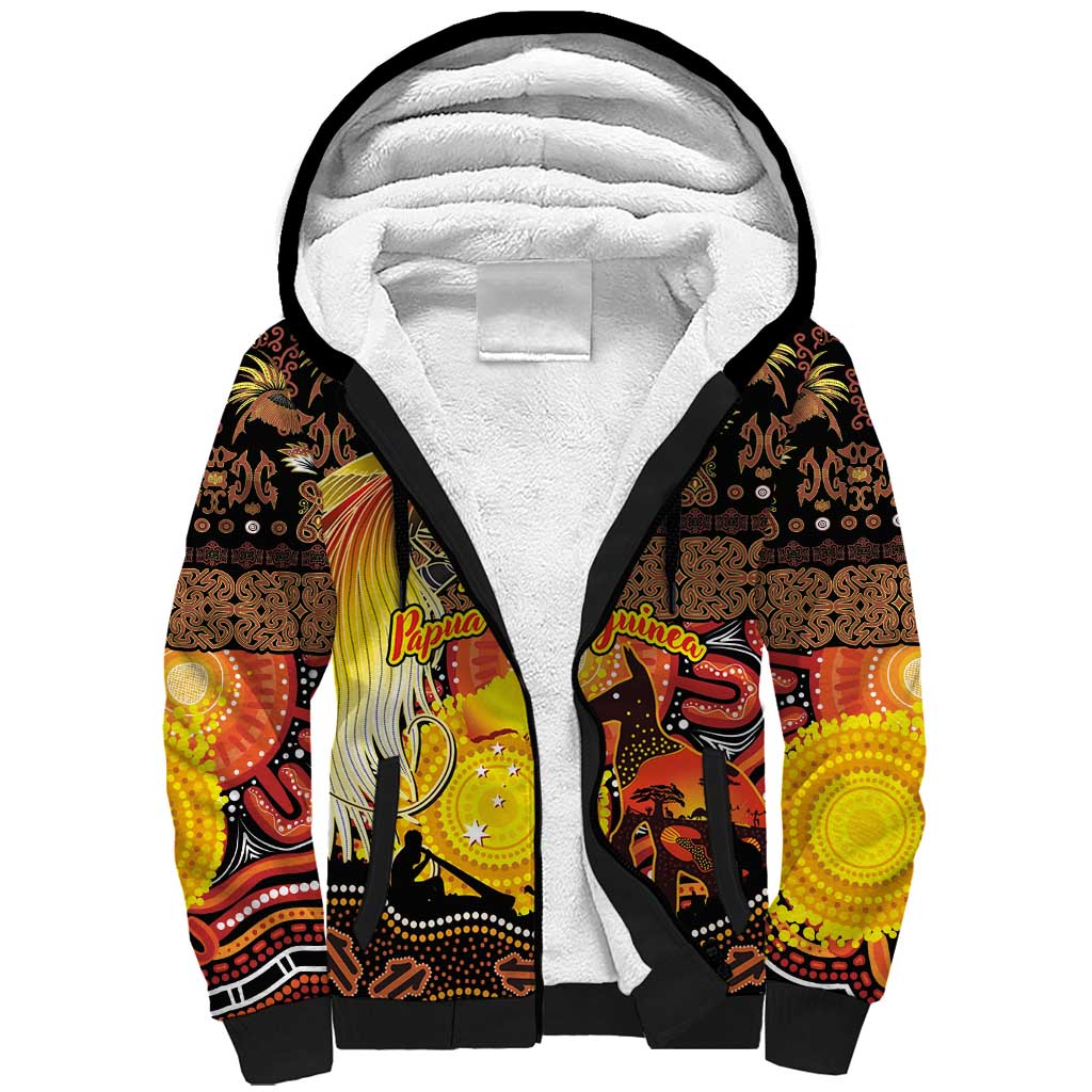 Personalized Australia and Papua New Guinea Together Sherpa Hoodie Kangaroo Aboriginal Art and Bird-of-paradise Oro Tribal Motifs - Aussie Hoodie