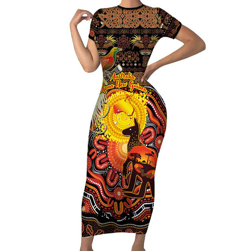 Personalized Australia and Papua New Guinea Together Short Sleeve Bodycon Dress Kangaroo Aboriginal Art and Bird-of-paradise Oro Tribal Motifs - Aussie Hoodie