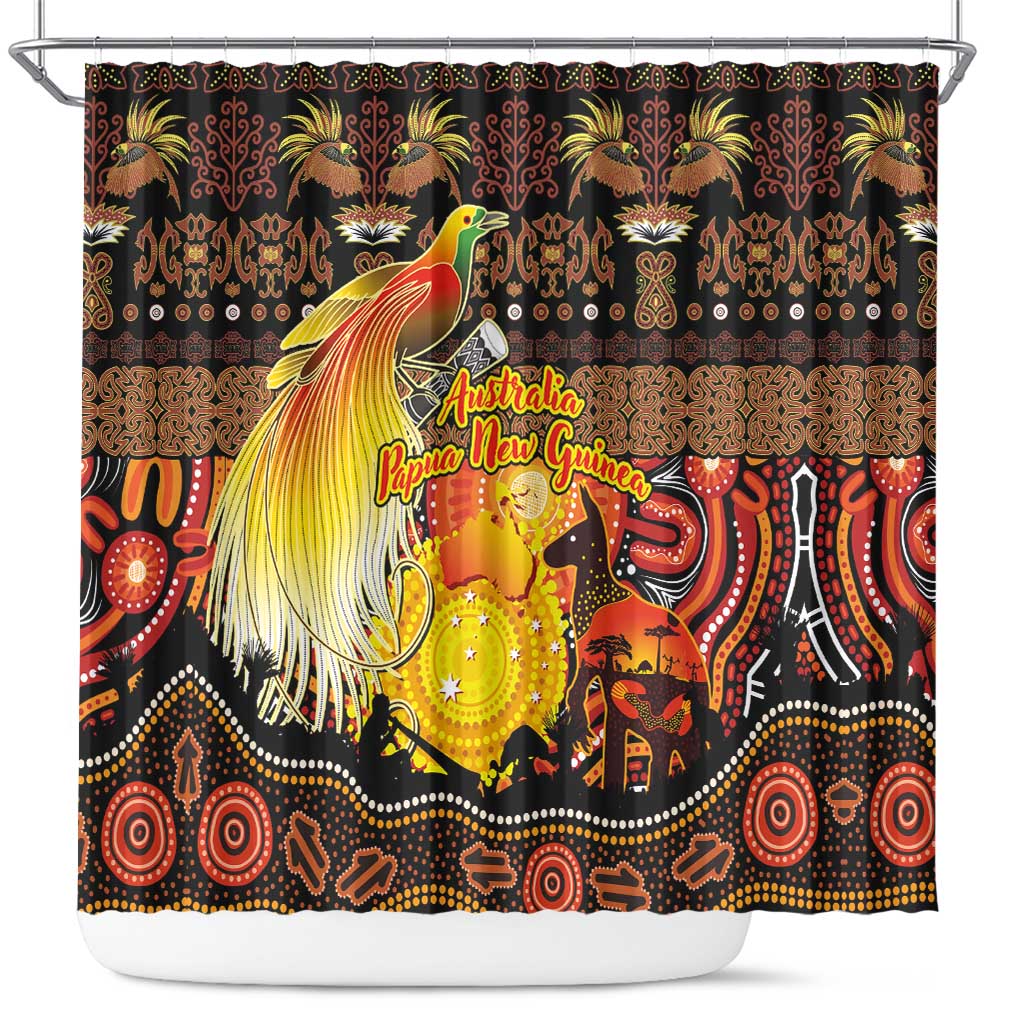 Australia and Papua New Guinea Together Shower Curtain Kangaroo Aboriginal Art and Bird-of-paradise Oro Tribal Motifs - Aussie Hoodie
