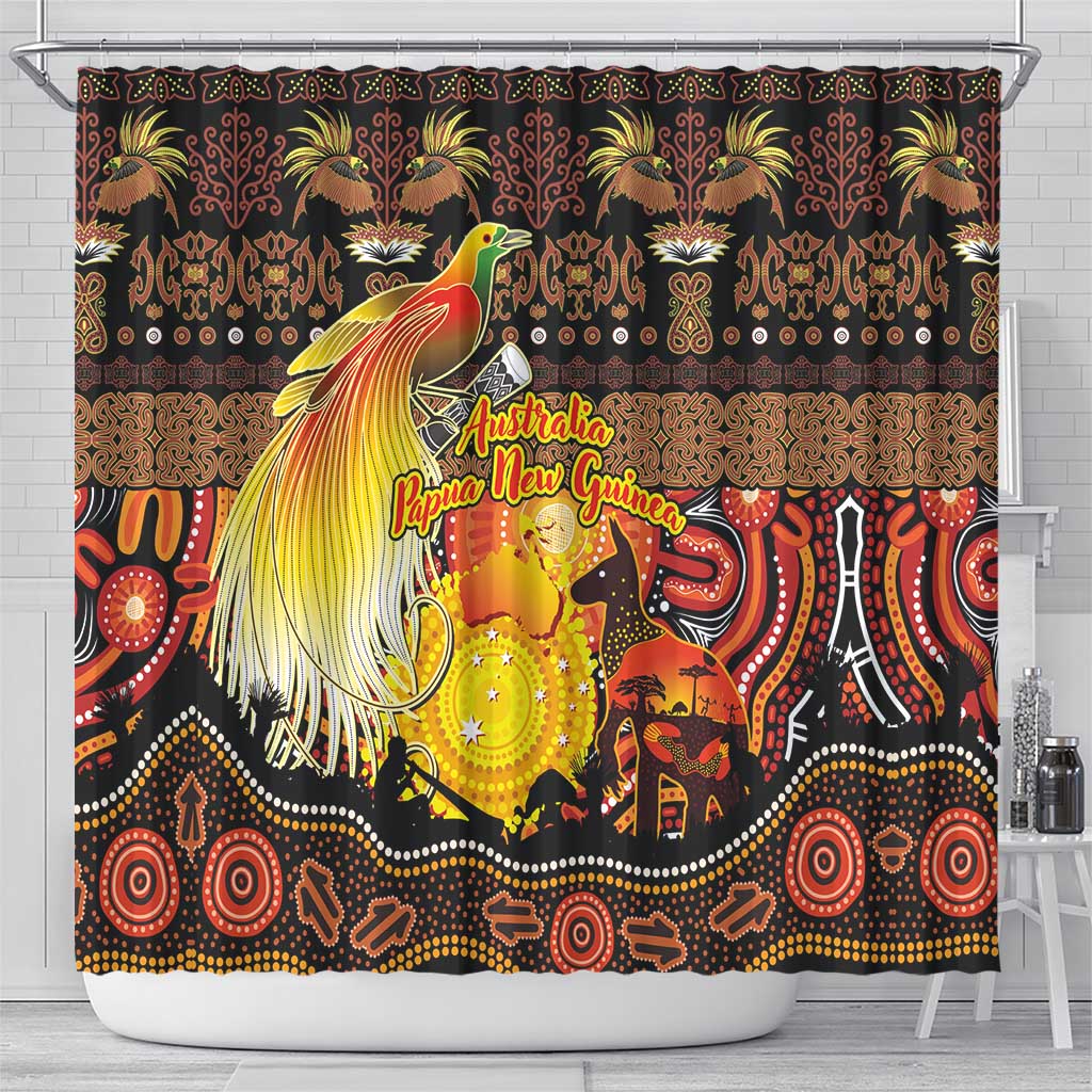 Australia and Papua New Guinea Together Shower Curtain Kangaroo Aboriginal Art and Bird-of-paradise Oro Tribal Motifs - Aussie Hoodie