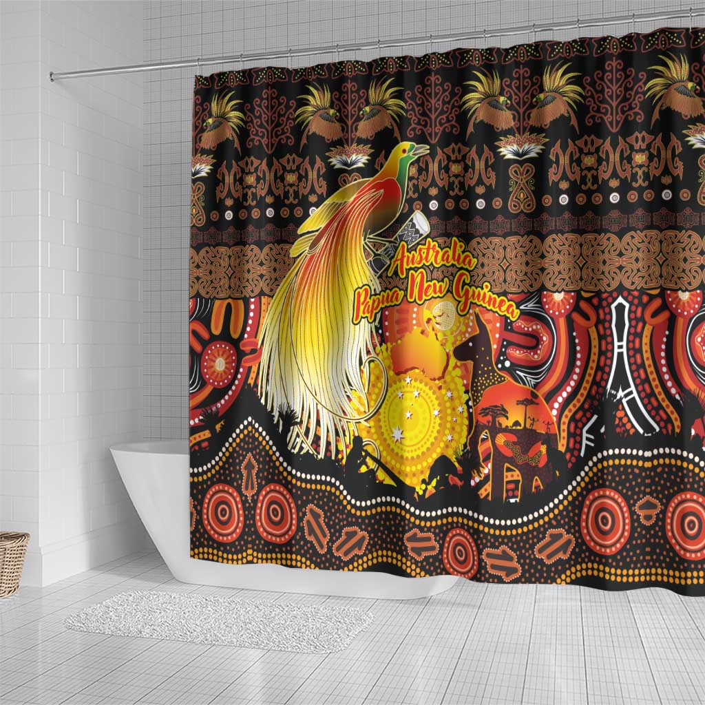 Australia and Papua New Guinea Together Shower Curtain Kangaroo Aboriginal Art and Bird-of-paradise Oro Tribal Motifs - Aussie Hoodie