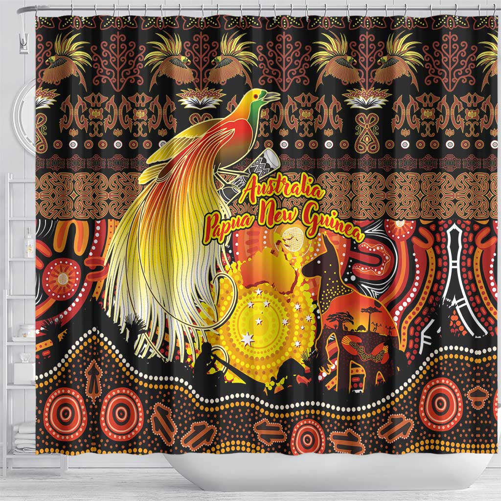 Australia and Papua New Guinea Together Shower Curtain Kangaroo Aboriginal Art and Bird-of-paradise Oro Tribal Motifs - Aussie Hoodie
