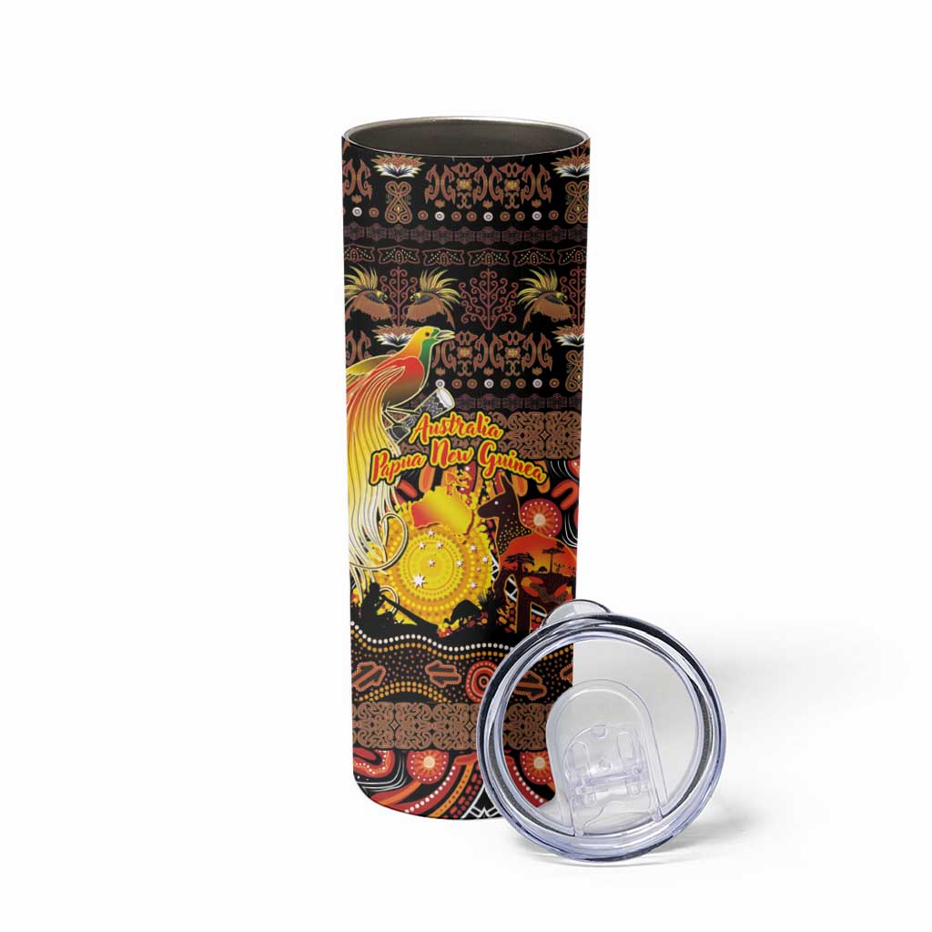 Personalized Australia and Papua New Guinea Together Skinny Tumbler Kangaroo Aboriginal Art and Bird-of-paradise Oro Tribal Motifs - Aussie Hoodie