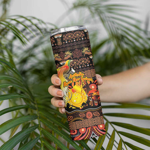 Personalized Australia and Papua New Guinea Together Skinny Tumbler Kangaroo Aboriginal Art and Bird-of-paradise Oro Tribal Motifs - Aussie Hoodie