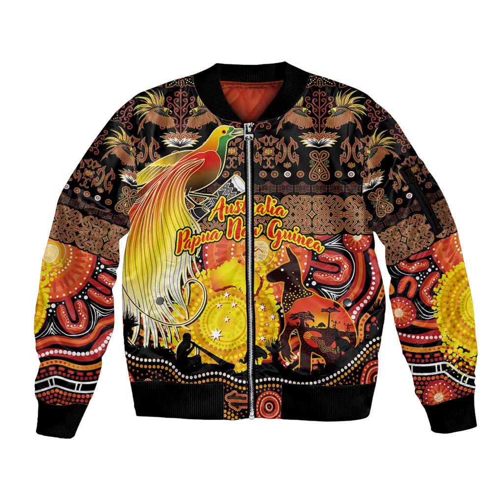 Personalized Australia and Papua New Guinea Together Sleeve Zip Bomber Jacket Kangaroo Aboriginal Art and Bird-of-paradise Oro Tribal Motifs - Aussie Hoodie