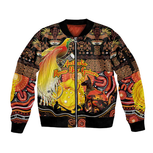 Personalized Australia and Papua New Guinea Together Sleeve Zip Bomber Jacket Kangaroo Aboriginal Art and Bird-of-paradise Oro Tribal Motifs - Aussie Hoodie