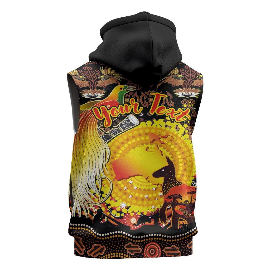Personalized Australia and Papua New Guinea Together Sleeveless Hoodie Kangaroo Aboriginal Art and Bird-of-paradise Oro Tribal Motifs - Aussie Hoodie