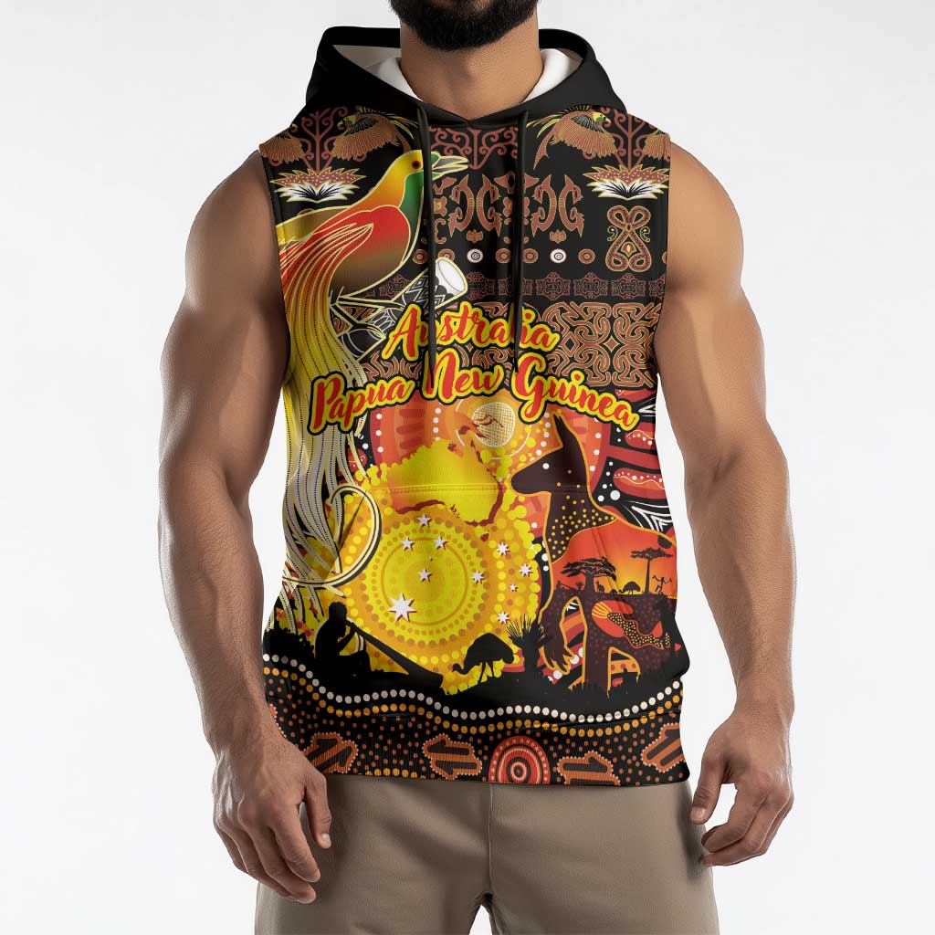 Personalized Australia and Papua New Guinea Together Sleeveless Hoodie Kangaroo Aboriginal Art and Bird-of-paradise Oro Tribal Motifs - Aussie Hoodie