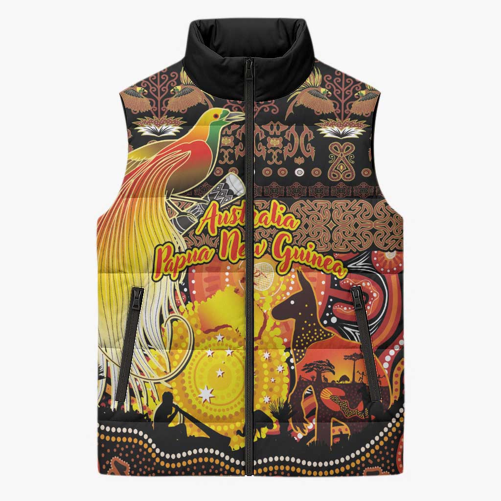Personalized Australia and Papua New Guinea Together Sleeveless Puffer Jacket Kangaroo Aboriginal Art and Bird-of-paradise Oro Tribal Motifs - Aussie Hoodie