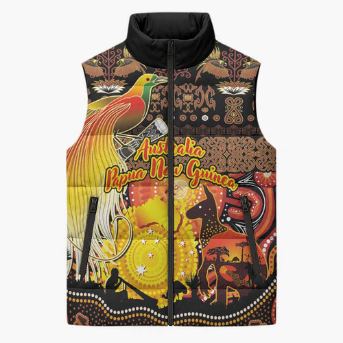 Personalized Australia and Papua New Guinea Together Sleeveless Puffer Jacket Kangaroo Aboriginal Art and Bird-of-paradise Oro Tribal Motifs - Aussie Hoodie
