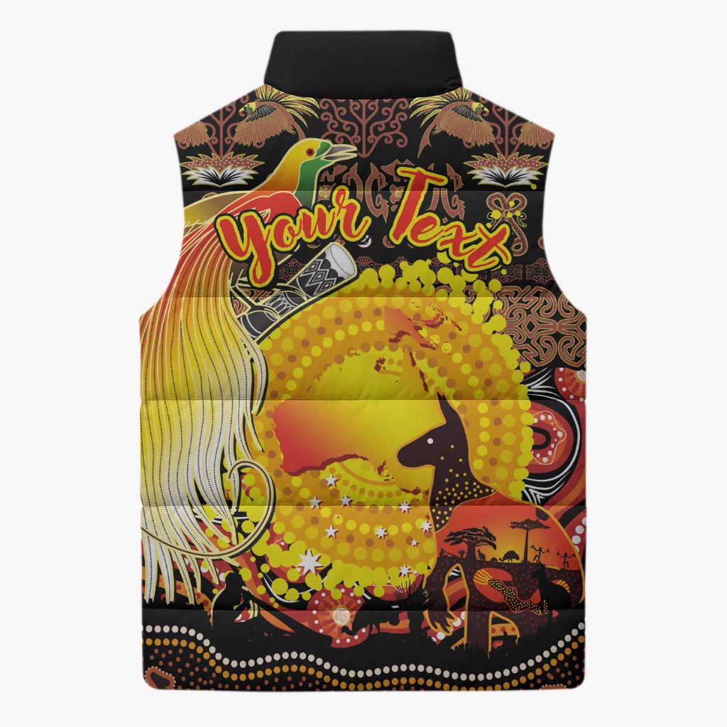 Personalized Australia and Papua New Guinea Together Sleeveless Puffer Jacket Kangaroo Aboriginal Art and Bird-of-paradise Oro Tribal Motifs - Aussie Hoodie