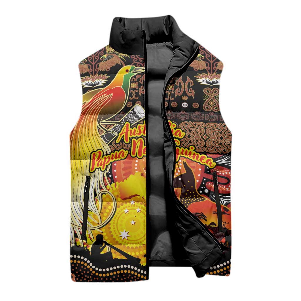 Personalized Australia and Papua New Guinea Together Sleeveless Puffer Jacket Kangaroo Aboriginal Art and Bird-of-paradise Oro Tribal Motifs - Aussie Hoodie