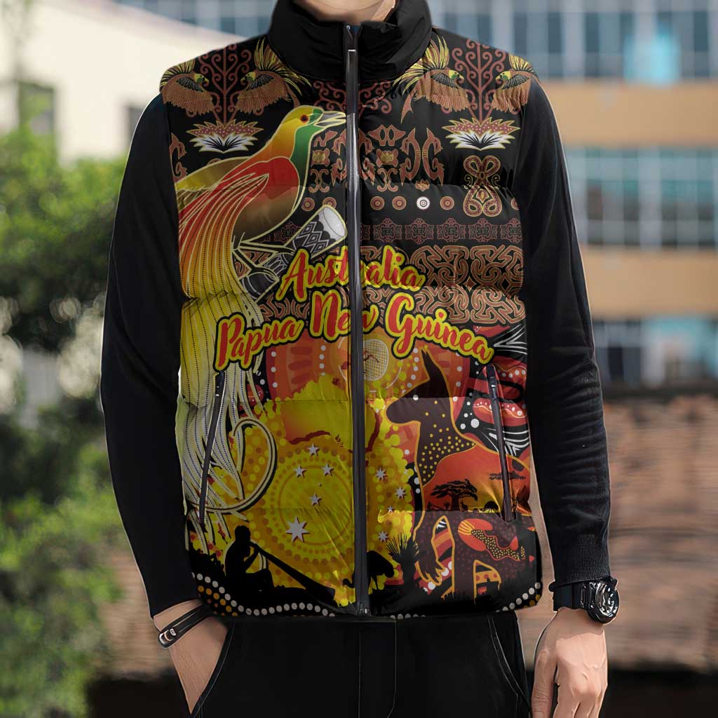 Personalized Australia and Papua New Guinea Together Sleeveless Puffer Jacket Kangaroo Aboriginal Art and Bird-of-paradise Oro Tribal Motifs - Aussie Hoodie