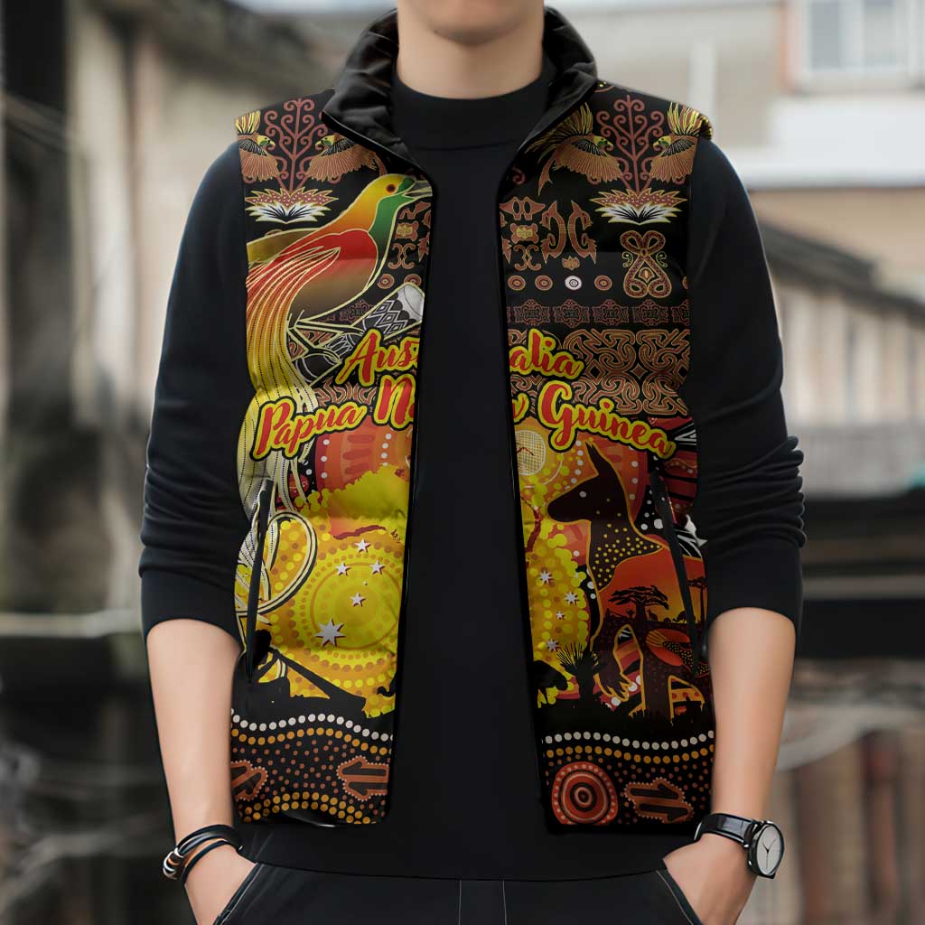 Personalized Australia and Papua New Guinea Together Sleeveless Puffer Jacket Kangaroo Aboriginal Art and Bird-of-paradise Oro Tribal Motifs - Aussie Hoodie