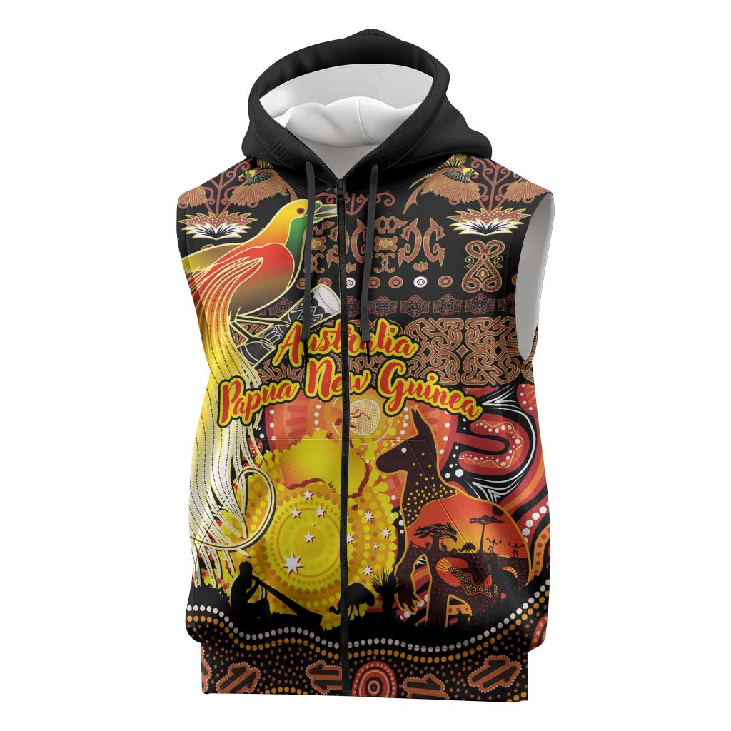 Personalized Australia and Papua New Guinea Together Sleeveless Zip Hoodie Kangaroo Aboriginal Art and Bird-of-paradise Oro Tribal Motifs LT03