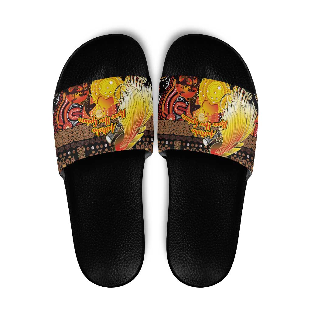 Australia and Papua New Guinea Together Slide Sandals Kangaroo Aboriginal Art and Bird-of-paradise Oro Tribal Motifs - Aussie Hoodie