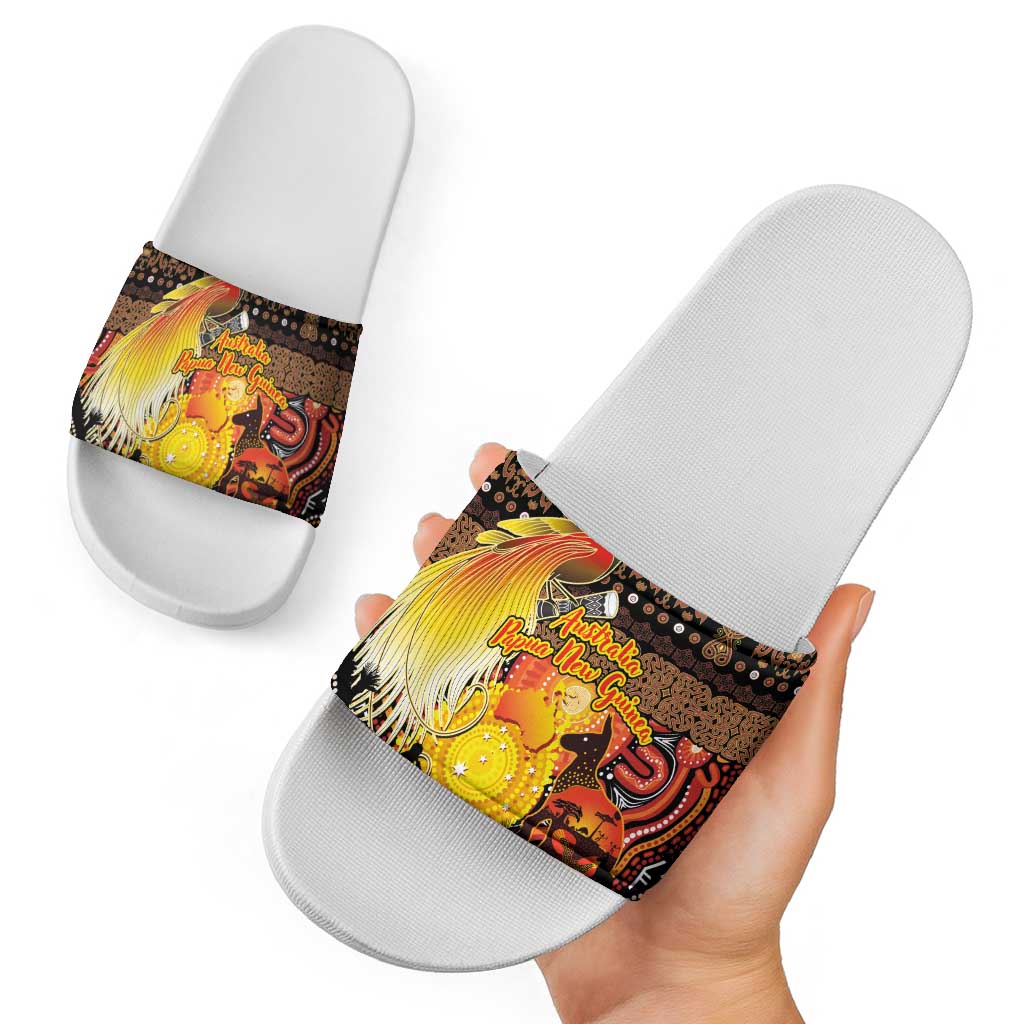 Australia and Papua New Guinea Together Slide Sandals Kangaroo Aboriginal Art and Bird-of-paradise Oro Tribal Motifs - Aussie Hoodie
