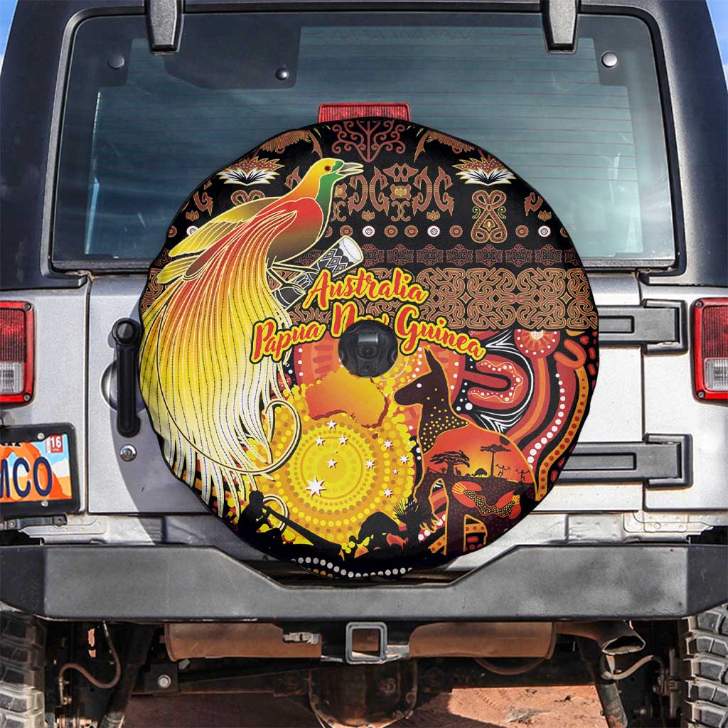 Australia and Papua New Guinea Together Spare Tire Cover Kangaroo Aboriginal Art and Bird-of-paradise Oro Tribal Motifs - Aussie Hoodie