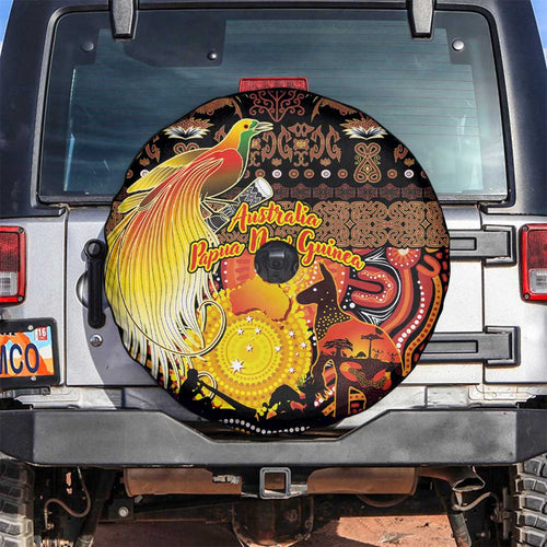 Australia and Papua New Guinea Together Spare Tire Cover Kangaroo Aboriginal Art and Bird-of-paradise Oro Tribal Motifs - Aussie Hoodie
