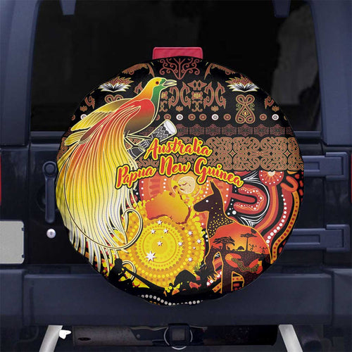 Australia and Papua New Guinea Together Spare Tire Cover Kangaroo Aboriginal Art and Bird-of-paradise Oro Tribal Motifs - Aussie Hoodie