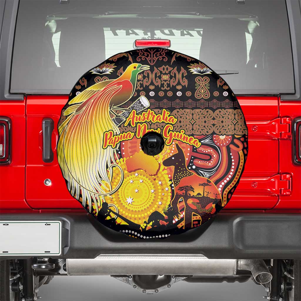 Australia and Papua New Guinea Together Spare Tire Cover Kangaroo Aboriginal Art and Bird-of-paradise Oro Tribal Motifs - Aussie Hoodie