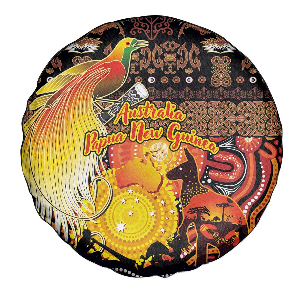 Australia and Papua New Guinea Together Spare Tire Cover Kangaroo Aboriginal Art and Bird-of-paradise Oro Tribal Motifs - Aussie Hoodie