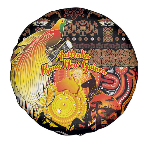 Australia and Papua New Guinea Together Spare Tire Cover Kangaroo Aboriginal Art and Bird-of-paradise Oro Tribal Motifs - Aussie Hoodie