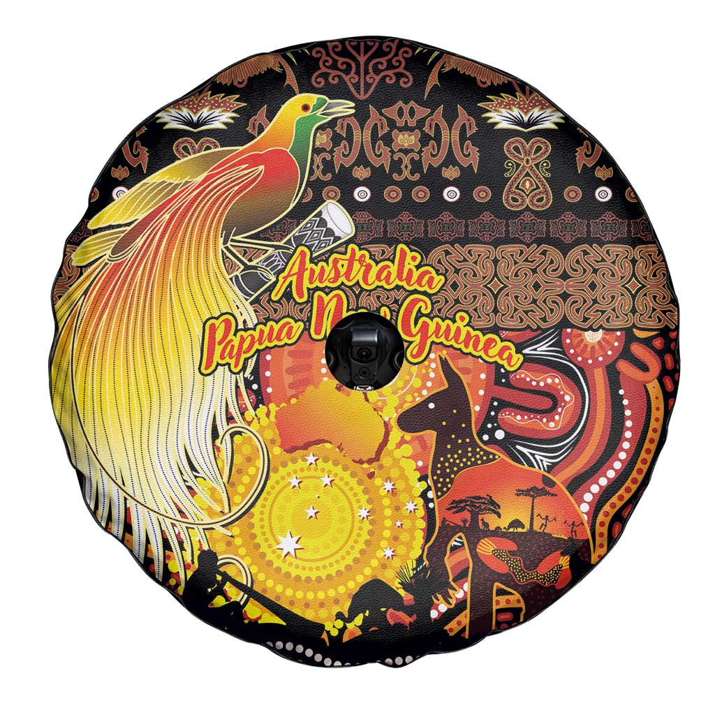 Australia and Papua New Guinea Together Spare Tire Cover Kangaroo Aboriginal Art and Bird-of-paradise Oro Tribal Motifs - Aussie Hoodie