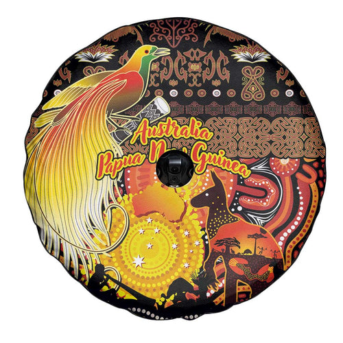 Australia and Papua New Guinea Together Spare Tire Cover Kangaroo Aboriginal Art and Bird-of-paradise Oro Tribal Motifs - Aussie Hoodie