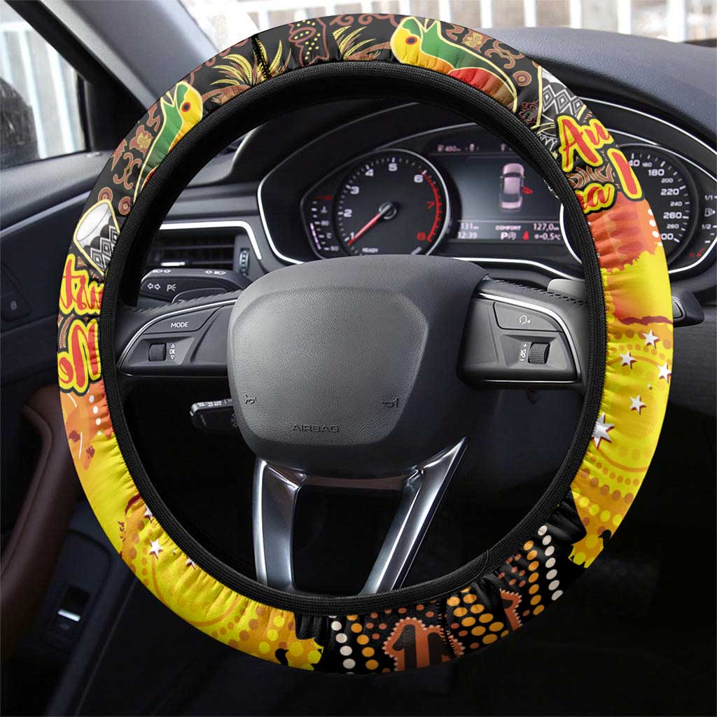 Australia and Papua New Guinea Together Steering Wheel Cover Kangaroo Aboriginal Art and Bird-of-paradise Oro Tribal Motifs - Aussie Hoodie