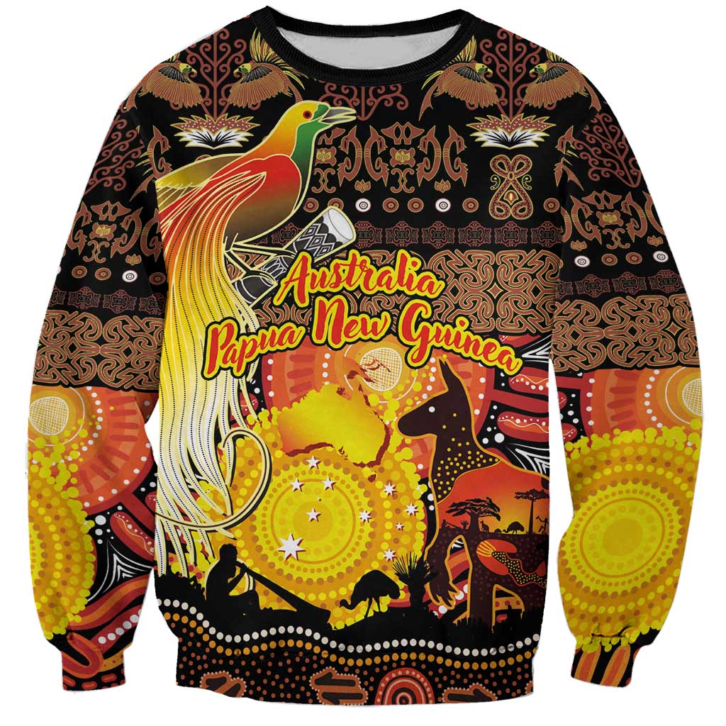 Personalized Australia and Papua New Guinea Together Sweatshirt Kangaroo Aboriginal Art and Bird-of-paradise Oro Tribal Motifs - Aussie Hoodie