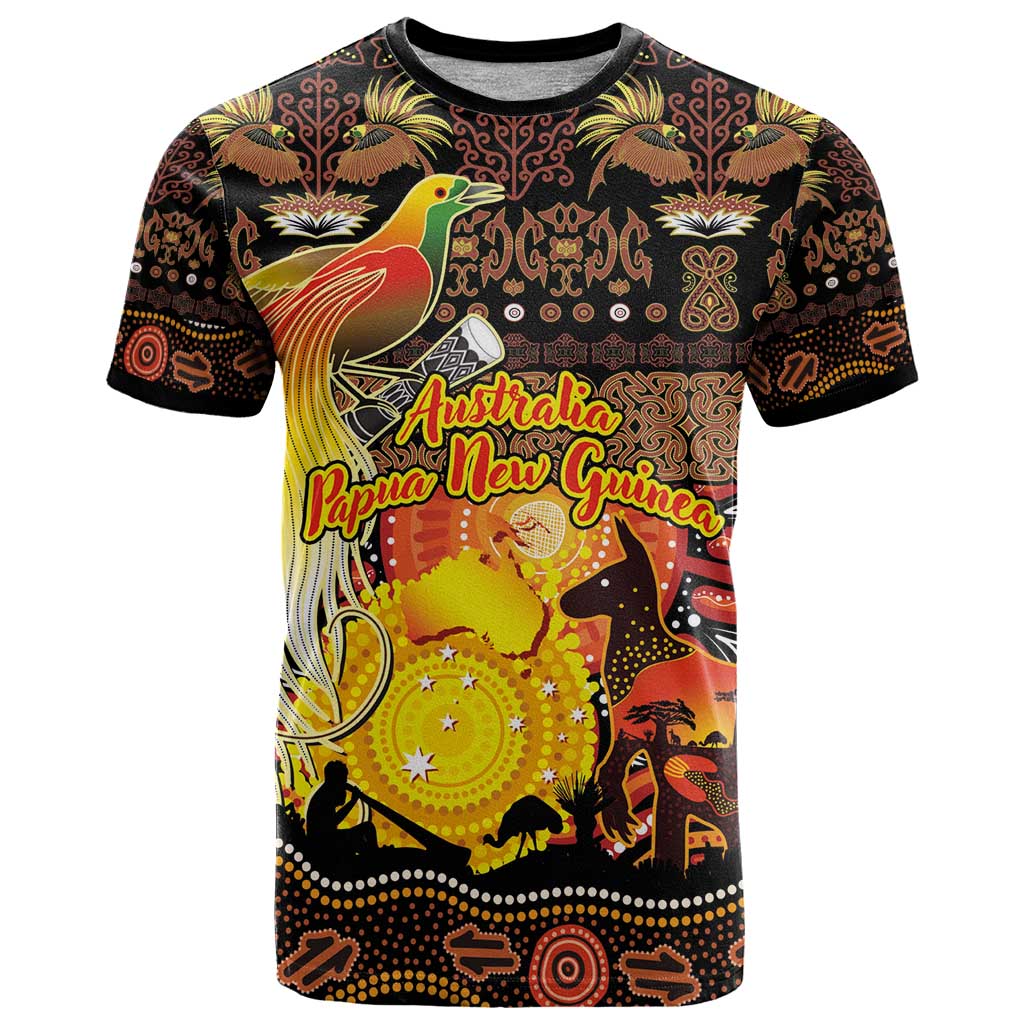 Personalized Australia and Papua New Guinea Together T Shirt Kangaroo Aboriginal Art and Bird-of-paradise Oro Tribal Motifs - Aussie Hoodie
