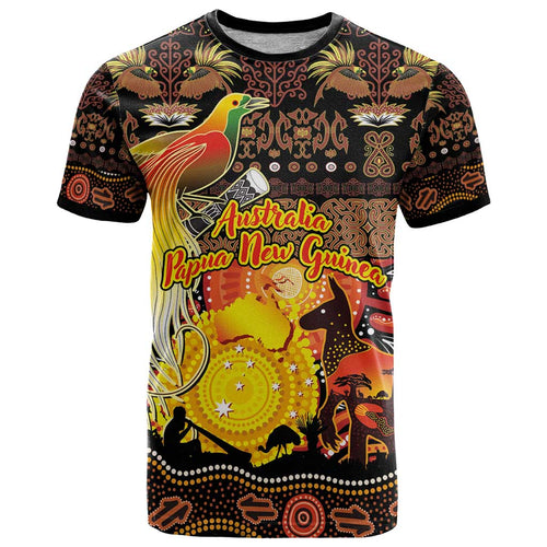 Personalized Australia and Papua New Guinea Together T Shirt Kangaroo Aboriginal Art and Bird-of-paradise Oro Tribal Motifs - Aussie Hoodie