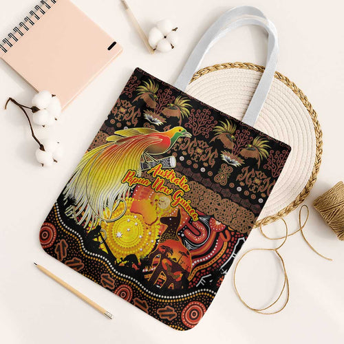 Australia and Papua New Guinea Together Tote Bag Kangaroo Aboriginal Art and Bird-of-paradise Oro Tribal Motifs - Aussie Hoodie