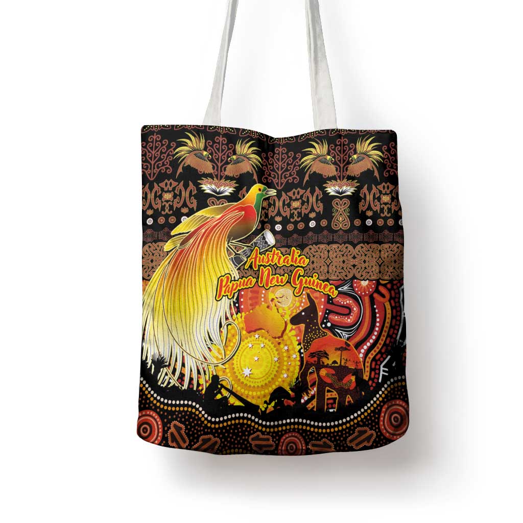 Australia and Papua New Guinea Together Tote Bag Kangaroo Aboriginal Art and Bird-of-paradise Oro Tribal Motifs - Aussie Hoodie